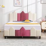 Mjkone Twin Size Bed for Kids, Upholstered Kids Bed with Sponge Filled Bed Frame, Castle Style Kids