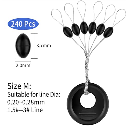 Hufopik 240 Pieces Middle-Sized Fishing Rubber Bobber Beads Stoppers 6 in 1 Black Float Sinker Stops