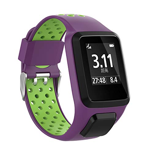 DKEnjoy Soft Silicone Replacement Accessory Watch Band Wrist Strap Bracelet for TomTom Runner 2/3 Series, Spark 3, Golfer 2, Adventurer Smartwatch (Purple/Green)