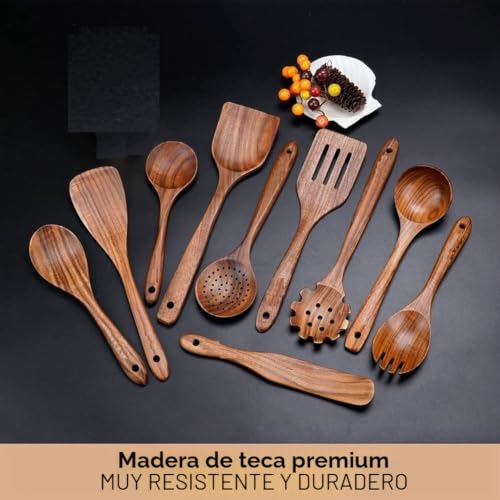 Miniatura 3 de Tagtight Juego De 10 Cubiertos De Cocina Con Soporte, Cuchara De Cocina, Espátula, Cucharón De Pasta, Cucharón De Madera De Olivo Y Espátula Para Cocinar, Cuchara De Servir, Colador, Juego De