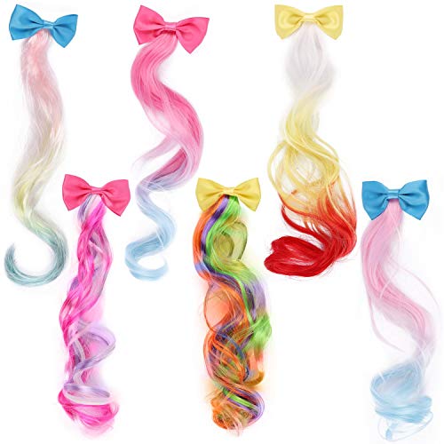6 Pcs Colored Kids Hair Extensions With Cute Clips Bows For Little Girls Toddler Party Birthday Hair Accessories #TOP20
