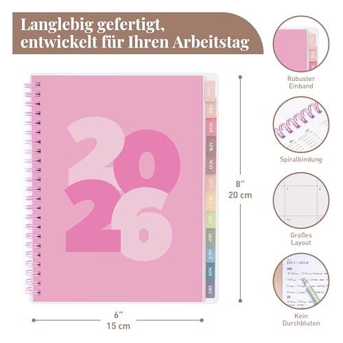 Rileys Terminplaner 2026, Studienplaner, Wochenplaner, eleganter Terminkalender 2026, Planer mit Registertabs, Notizseiten, Schulplaner, Buchkalender (Klobig, Rosa, 20 x 15 cm, Deutsch)