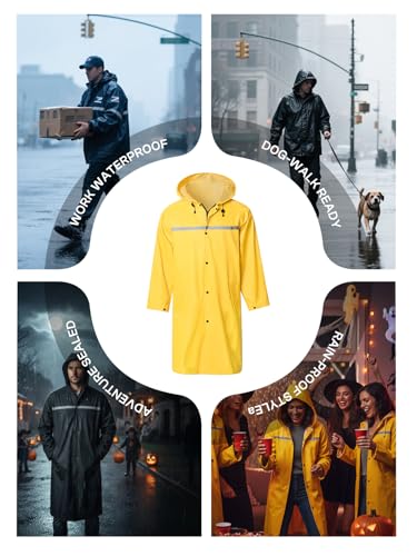 SaphiRose Mens Long Hooded Safety Rain Jacket Waterproof Emergency Raincoat Poncho (Yellow, S) - Thumbnail 7
