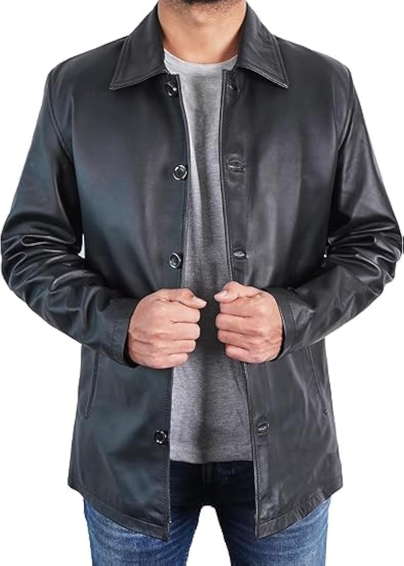 Buy CHAVA Men's Classic Black Leather Jacket, Button-Front Design