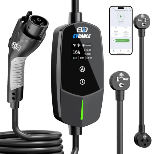 EVDANCE Level 1 & 2 Portable EV Charger, Smart App Control & WiFi/Bluetooth Enabled, 25ft Cable, ETL Listed J1772 EVSE for All EVs & PHEVs (Black, 16A Smart | NEMA 5-20&6-20(T-Blade))
