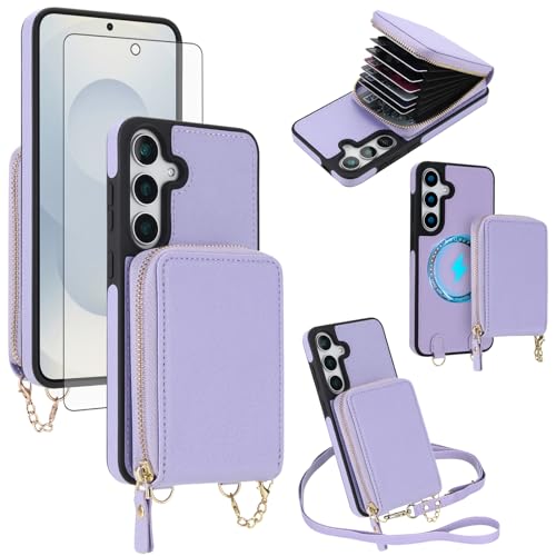 Asuwish Phone Case for Samsung Galaxy S23 FE 5G 2-in-1 Magnetic Detachable Wallet Cell Cover with Screen Protector Crossbody Strap RFID Blocking Credit Card Holder Slot S 23 EF S23FE 23S Women Purple
