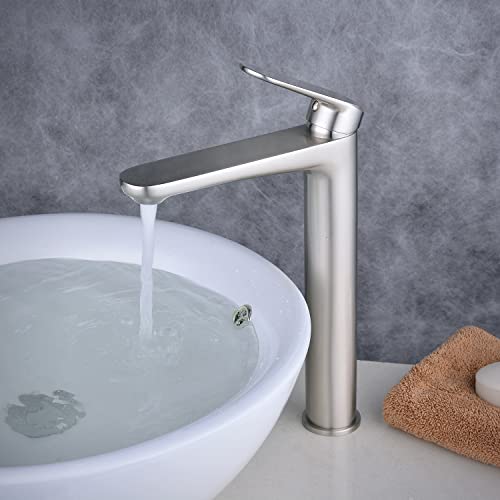 Contemporary Brushed Nickel Single Handle One Hole Bathroom Vessel Sink Faucet Commercial, Lavatory Vanity Vessel Sink Mixer Tap Tall Spout Deck Mount Plumbing Fixtures - Thumbnail 2