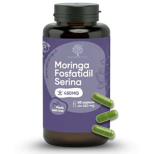 Fosfatidilserina 450 mg + Moringa | Reducción de Cortisol, Estrés y Fatiga | Memoria, Concentración y Metabolismo | Complemento Natural | 60 Cápsulas | Fabricado en Italia | RedMoringa