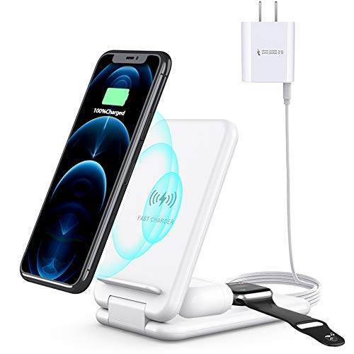 leQuiven 3 in 1 Wireless Charging Station, Foldable Wireless Charger Stand Compatible for iPhone 12 11 Pro Max XR XS Max X Apple Watch 6 5 4 3 2 1 SE AirPods, Samsung Galaxy S21 S20+ S10 S9 (White)