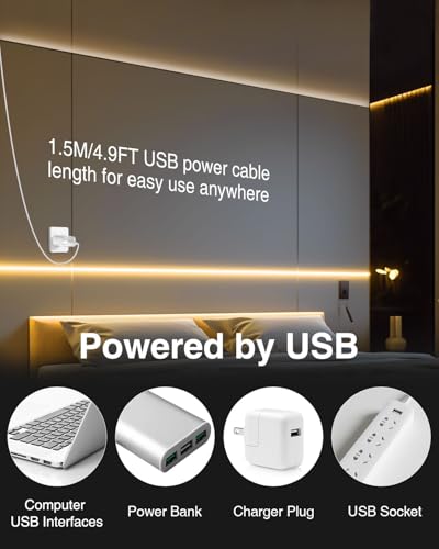 Image of Aclorol 2 Pack USB COB LED Strip Lights 6ft 5V Dimmable LED Lights for TV | Warm White 3000K, CRI85+, 8mm Width, Flexible Tape Light for Display Cabinet Living Room Bedroom DIY Lighting Decoration