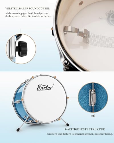 Eastar Schlagzeug 14\ 3 PC, für 3-10 Jahre Kinde, Schlagzeug Set mit Snare, Tom, Bass Drum, Bass Drum Pedal, Thron, Becken, Drumsticks, Himmelblau