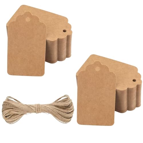 Blank Gift Tags with String,100 Pcs Premium Kraft Paper Tags with 32.8ft Natural Jute Twine, Double-Sided Available Price Tags for Crafts, Gifts & Party - 2.76 x 1.57 Inch