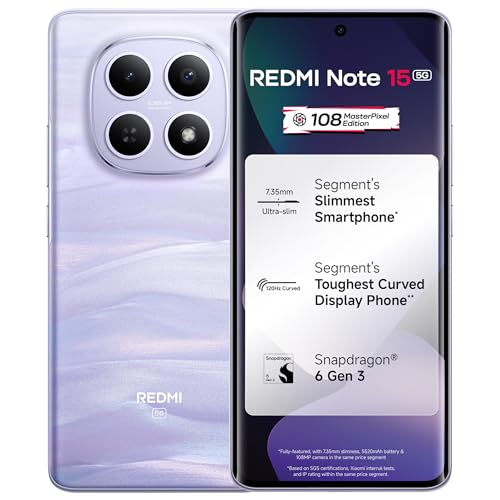 REDMI Note 15 5G (Mist Purple, 8GB RAM 128GB Storage) | 108MP OIS Camera | Snapdragon 6 Gen 3 | 17.2cm Tough Curved AMOLED Screen | Segment’s Slimmest Phone | 5520mAh Si/C Battery | 45W Fast Charging view 1