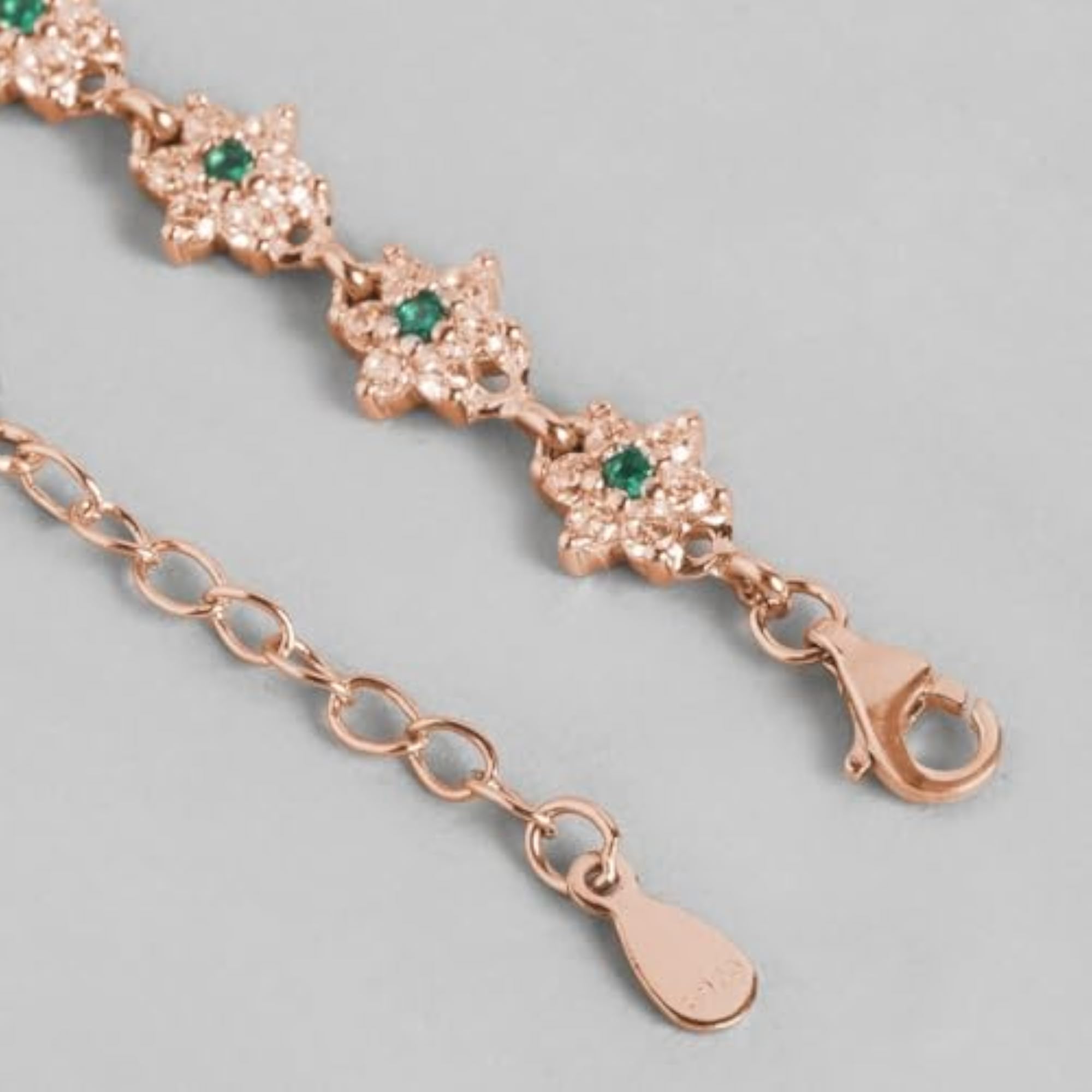 925 Sterling Silver CZ Floral Rose Gold Plating Chain Anklet