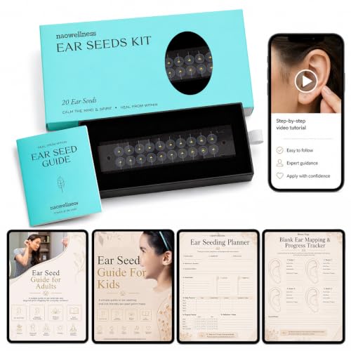 NAO Wellness 24K Gold Ear Seeds- Auriculotherapy Seeds Self-Care Acupressure Beads with 40+ Solutions – 20 Ear Seeds Acupuncture Kit – Suitable for Adults and Kids