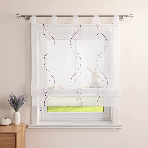 CORLIF Raffrollo Landhaus Raffgardine Küche Modern Schlaufenrollo Leinenoptik mit Wellenmuster Transparente Rollos Kurz Fenster Schal mit Schlaufen B/H 80/140 cm Violett