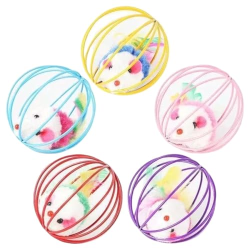 HFLSMHU Caged Mouse Ball Plush Cat Toy, Interactive Feather Wand Teaser with Colorful Mouse for Play