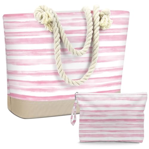 BELLOWDEER Beach Bags for Women, Wet Bag Cosmetic Bag, Pool Waterproof Shoulder Tote Bags, Pocket Zipper Summer Travel Essentials, Gifts for Women Birthday - Pink Stripes (2-Piece Set)