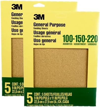 3M Aluminum Oxide Sandpaper, 5 Sheets, Assorted Grit 100-150-220, 9-in x 11-in, Multi-Purpose Abrasive Sanding Paper, for General Purpose Sanding On Paint, Wood and Metal (9005NA), 2-Pack