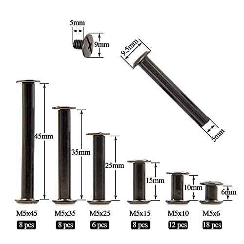 Alloypro 120 Pcs (60 Pair) M5 x 6/10/15/25/35/45 Black Phillips Chicago Screws Binding Screw Posts,Scrapbook Photo Albums Binding Screws Assorted Kit 6 Sizes for Leather Saddles Purses Belt Repair - Thumbnail 2