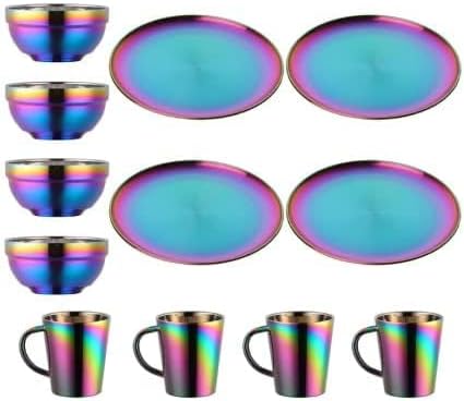 Dinnerware Sets Plates And Bowls Espresso Cups, Stainless Steel Dishes Pasta Bowls Insulated Coffee Mugs Set of 4, 12 Pcs Kitchen Essentials For Home Apartment Wedding Buyer Star, Rainbow Rainbow 9 inch plate/5.1 inch bowl/cups