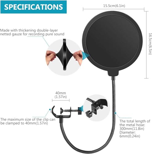 Image of Professional Microphone Pop Filter Pop Filter Mesh for Blue Yeti Dual Layered Wind Pop Screen With A Flexible 360 Degree Gooseneck Mic Pop Blocker Mask Shield Screen with Flexible