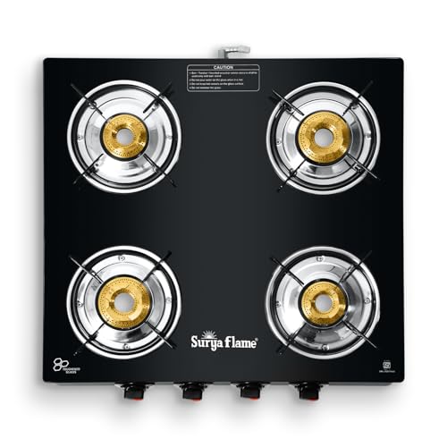 Image of Surya Flame Splendor 4 Burner Gas Stove | Toughened Glass Top | Brass Burners | Durable Brass Valve | Fuel Efficient 69%+ | Black