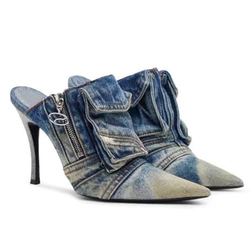 MILDSEVEN Fashion Denim High Heel Slippers with Zipper for Women, Sexy Large Size Ponited Toe Casual Sandals for Banquets, Parties And Wedding