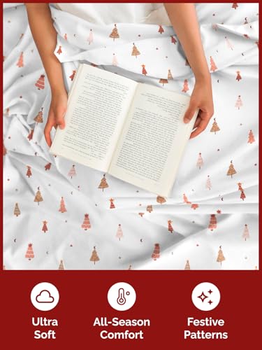 Full Christmas Tree Sheet Set - Holiday Xmas Pattern Bedding Set - Deep Pockets - Snug Fit - 4 Piece - Wrinkle Free & Easy Care - Comfy Festive Winter - Holiday Sheets for Women, Men, Kids and Teens