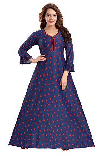 Image of Fabme Women's Crepe Printed Flare Nighty with Long Sleeves /Night Gown /Nightwear /Maxi