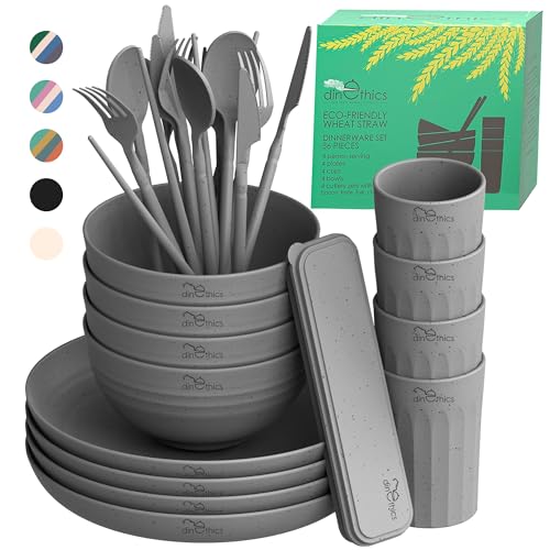 DINETHICS Wheatstraw Dinnerware Set For 4 - Dishwasher Microwave Plates For Heating Food - Unbreakable Wheat Straw Plates And Bowls sets - Replace Plastic Dinnerware Set - Camping Dishes Set
