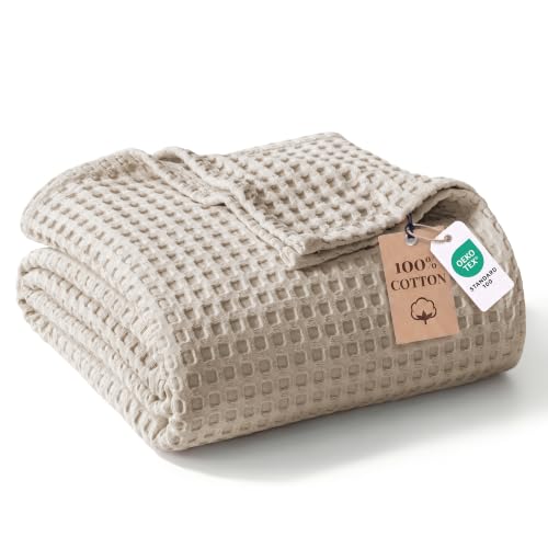 Image of Exclusivo Mezcla Pre-Washed 100% Cotton Waffle Throw Blanket for Sofa, 330GSM Lightweight Breathable Summer Blankets, Soft and Cozy, Room Decor, Khaki, 130x150 CM