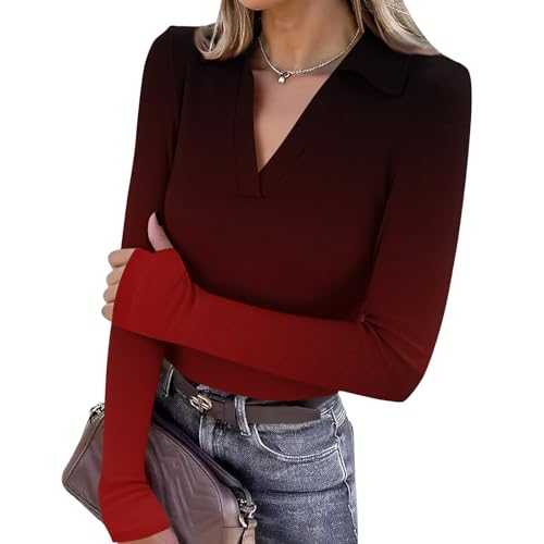 Women's Shirts Long Sleeve Printed Blouses 2025 Fall Winter Fashion T Shirt Casual Slim Fit Comfy V-Neck Basic Tops