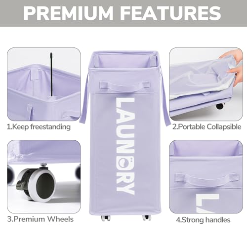 Goodpick Laundry Basket with Wheels,75L Collapsible Laundry Baskets with Removable Wash Bag, Clothes Laundry Hamper on Wheels, Light Purple