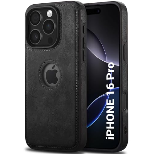Image of TheGiftKart Genuine Leather Finish Back Cover Case for iPhone 16 Pro | Shockproof Design | Raised Edges for Camera & Screen Protection | Stunning Minimalist Design Case Cover (Black Sides, Black)