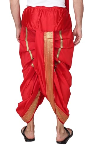 Image of Rameshwaram Fabrics Readymade Dhoti for Men, Velcro Style Stitched Mens Silk Dhoti Pant with Stole Set