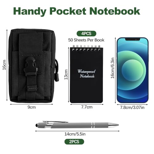 QLFJ-FurDec 4PCS Wasserdichtes Notizbuch Mini Notizblock, 1PCS Molle Tasche und 2PCS Kugelschreiber, A7 Pocket Write in the Rain Notizbücher mit Spirale, 13x7.7cm Kleiner Field Notes (Schwarzes Set)