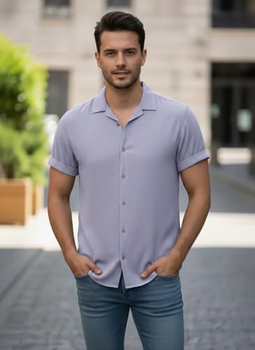 Image of TAGDO Men's Regular Fit Textured Fabric Shirts | Camp Collar & Short Sleeve Button-Down Shirt for Man | Comfortable with Smart Casual Look, Summer Beachwear (5171)