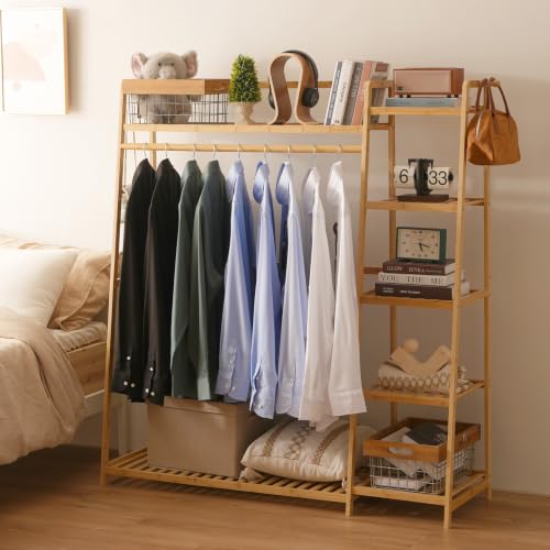 Baveke Standing Clothes Rack with Shelves, Free Standing Closet Garment Racks for Hanging Clothes, 7 Shelf Bamboo Closet Organizer System, Heavy Duty Clothes Hanging Rack for Bedroom, Natural Wood