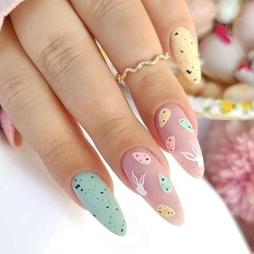 IMSOHOT Easter Press on Nails Almond Medium Fake Nails Matte Cute Easter Eggs False Nails with Designs Colorful Full Cover Artificial Acrylic Stiletto Nails for Women Girls