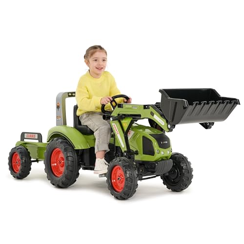 FALK - Tractopelle à pédales Claas avec et remorque - Dès 3 ans - Fabriqué en France - Pelle frontale articulée - Siège ajustable - 1040AM, Vert – vue 3