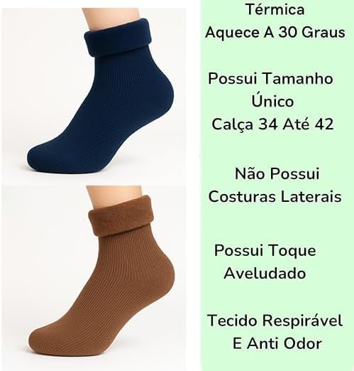 Infográfico mostrando duas meias térmicas e lista de benefícios como aquecimento, tamanho único e tecido anti-odor