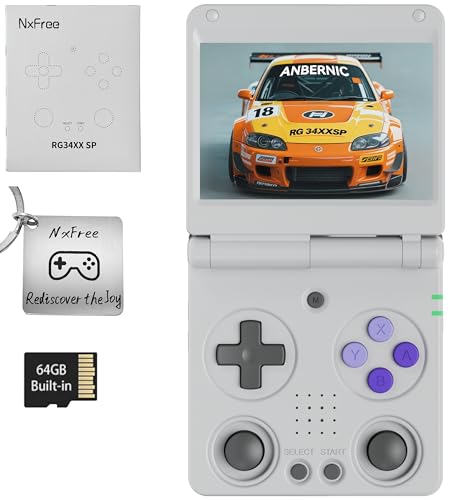 RG34XXSP, consola de juegos retro, diseño abatible, pantalla IPS de 3.4 pulgadas, tarjeta TF de 64 G, estilo portátil de mano (gris 64G)