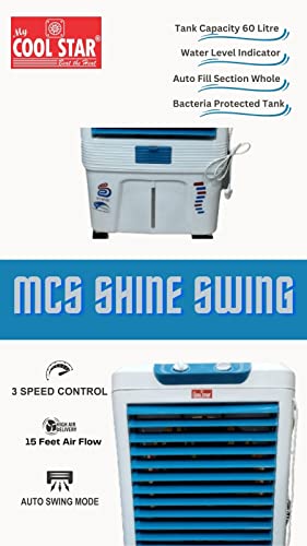 Image of My Cool Star Desert Air Cooler- 60L: with 18 Watts Everlast Pump,High speed Aluminium One Ten Motor,ABS Blade,3-Way Air Deflection and High Density Honeycomb pads: Blue & White