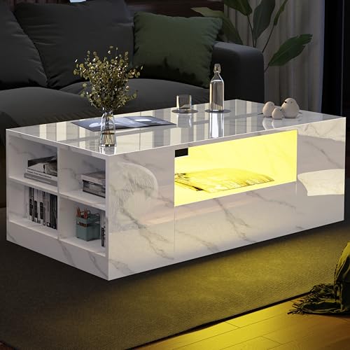 Blisswood High Gloss Coffee Table with Storage, Coffee Tables Wooden Centre Tea Table with Led RGB Lights 2 Drawer Storage and Open Shelf Rectangle Coffee End Table For Home Office Furniture