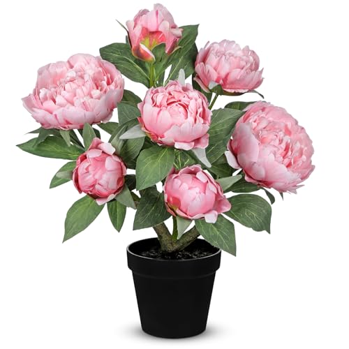 Hollyone Pink Fake Peonies Artificial Flowers in Pot 16.9" Small Peonies Tree Indoor Outdoor Faux Plants & Flowers Peony Silk Flowers Potted Plant Artificial Peony Floral Arrangement Desk Home Decor