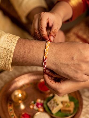 Image of Traditional Rakhi for Bhaiya, 12 Pcs Mauli Thread with Pearl Work for Raksha Bandhan with Roli Chawal, Elegant Moli Rakhi Set, Rakshabandhan Festive Gift Set for Bhai