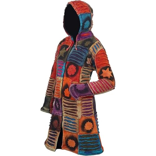 Womens Patchwork Stencil Star Print Hooded Boho Jacket, Multicoloured Gothic Full Zip Long Coat2