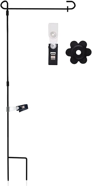Anley Wrought Iron Garden Flag Stand - Upgraded Version Reinforced Garden Flag Pole Holder - Weather Resistant & Easy Assemble & Black Matte Coating - FREE Flag Stopper & Alligator Clip - H38 x W15