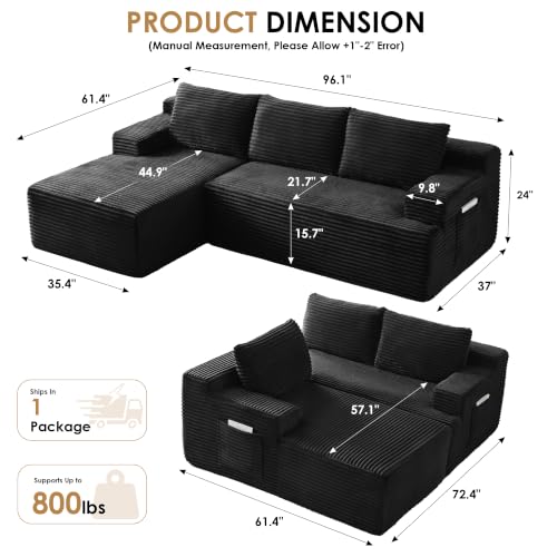 Image of 96 inch Sectional Couches for Living Room Cloud Couch Sofa with L-Shape Upholstered Boneless Couchs Modern Modular Sectional Couch with Chaise